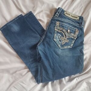 Rock Revival Meri Distressed Crop Jeans Sz 29 Embroidered Pockets Straight Leg